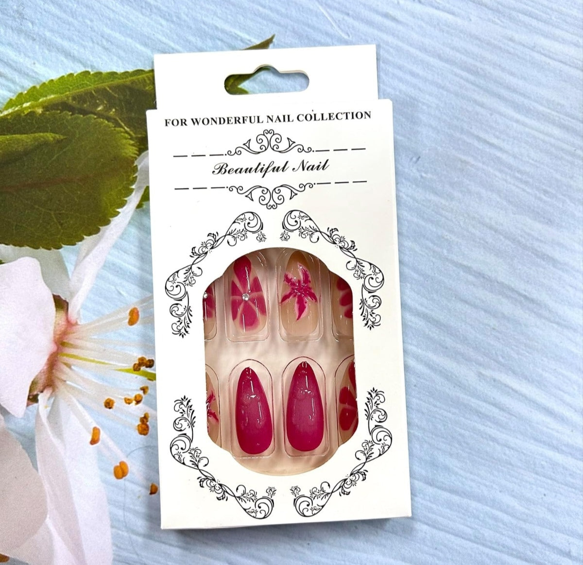 Elegant Pink 3D Floral Rhinestone Press-On Nails Fake Nails 24 Pcs - Free Shipping
