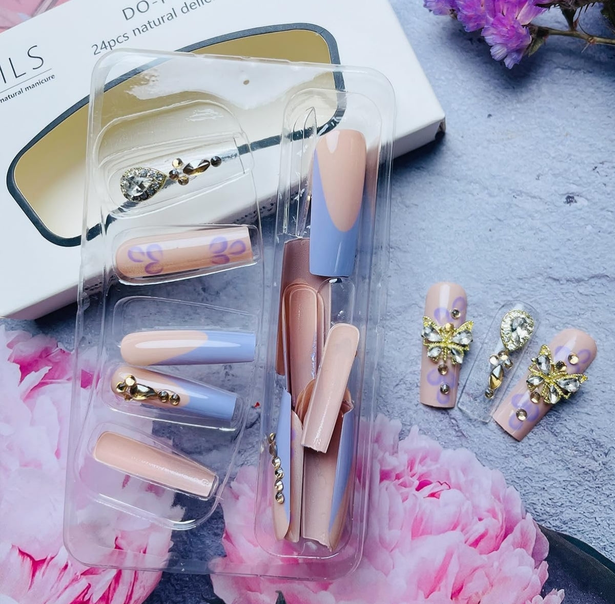 Butterfly Rhinestone French Coffin Press-On Nails Acrylic Fake Nails - Free Shipping