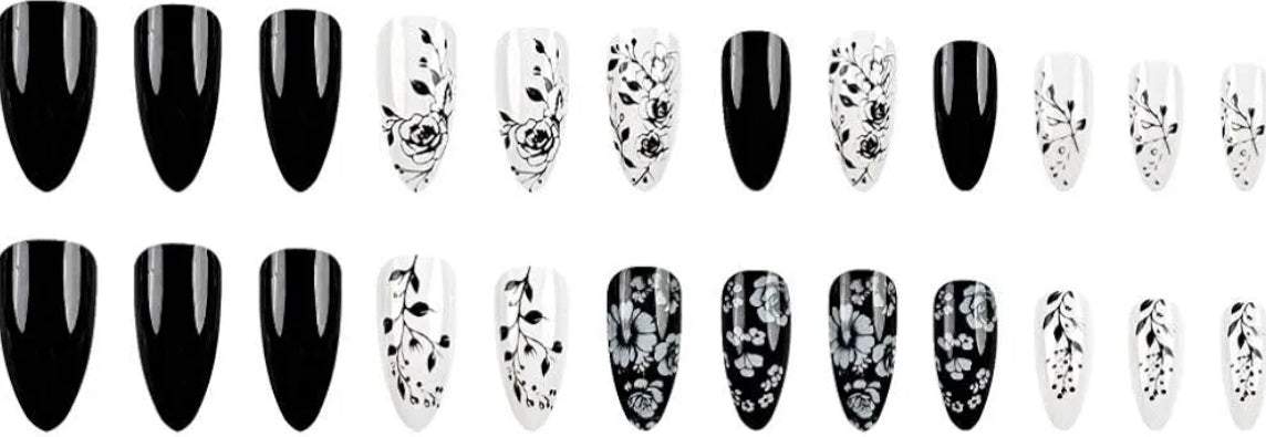 Chic Black White Floral Press-On Nails Fake Artificial Nails 24 Pcs – Free Shipping