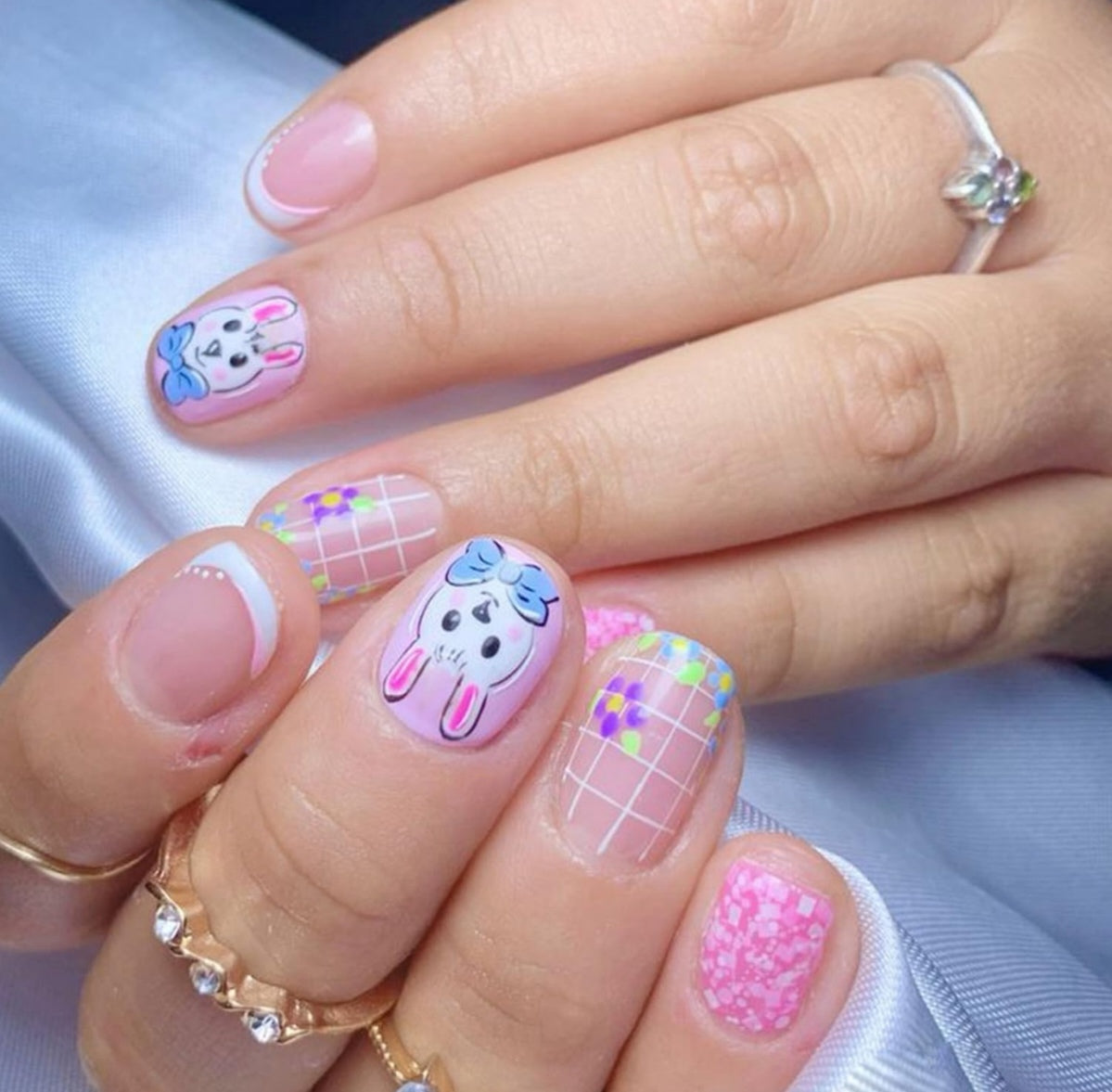 Cute Spring Bunny Floral French Press-On Nails Fake Artificial Nails 24 Pcs – Free Shipping