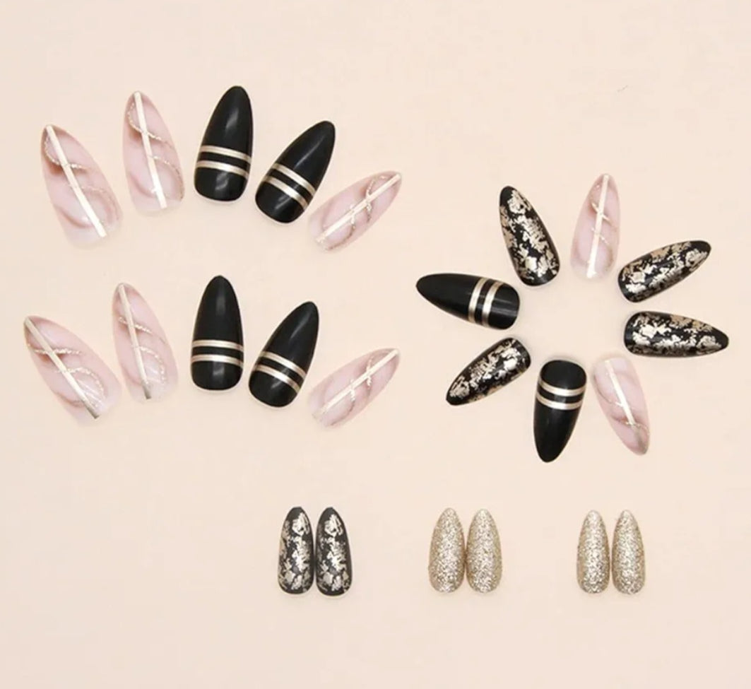 Trendy Black Gold Metallic Press-On Nails Fake Artificial Nails 24 Pcs–Free Shipping