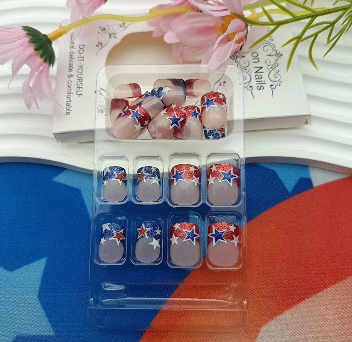 Chic French Glitter Patriotic Star Press-On Nails Fake Artificial Nails 24 Pcs-Free Shipping
