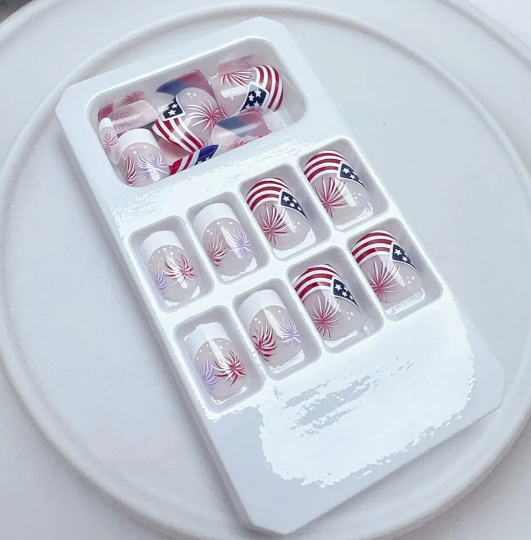 Chic Patriotic Fireworks American Flag French Tip Press-On Nails Fake Artificial Nails 24 Pcs-Free Shipping