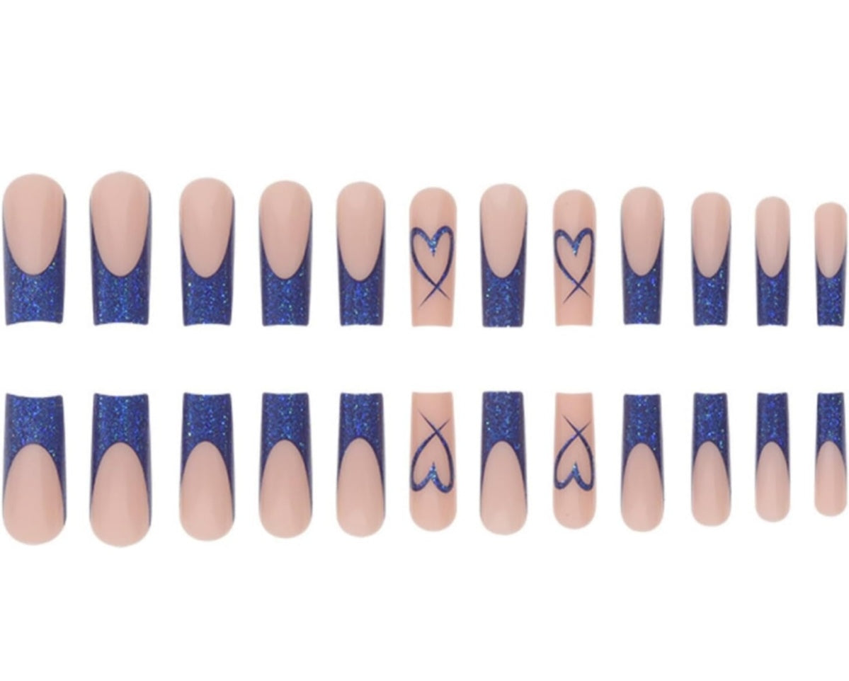 Blue Heart French Glitter Long Coffin Press-On Nails Acrylic False Nails-Free Shipping