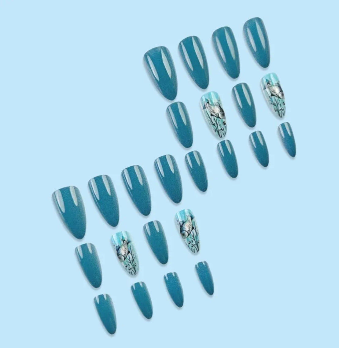 Chic Blue Ocean Fish Design Press-On Nails Fake Artificial Nails 24 Pcs – Free Shipping