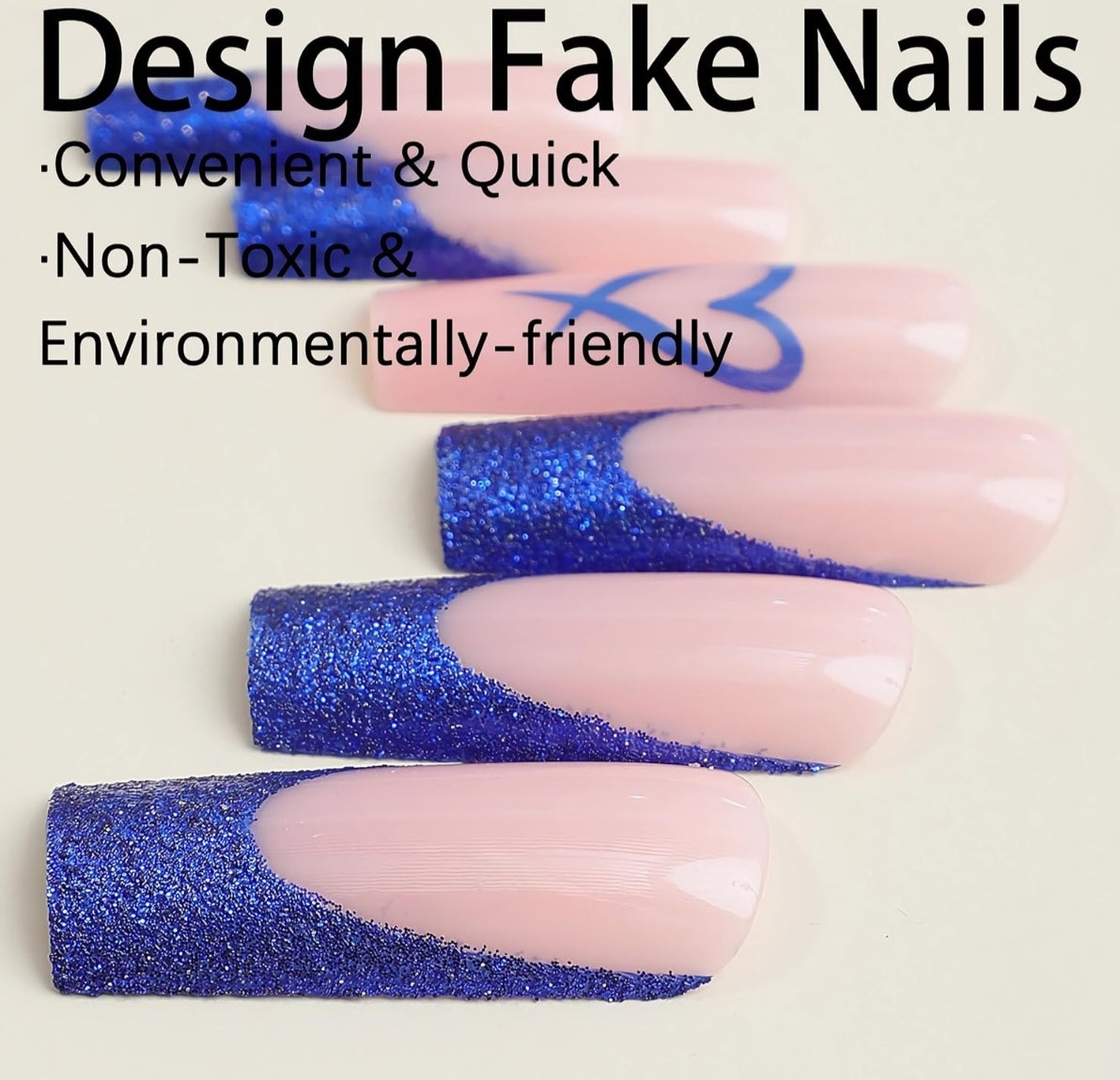 Blue Heart French Glitter Long Coffin Press-On Nails Acrylic False Nails-Free Shipping