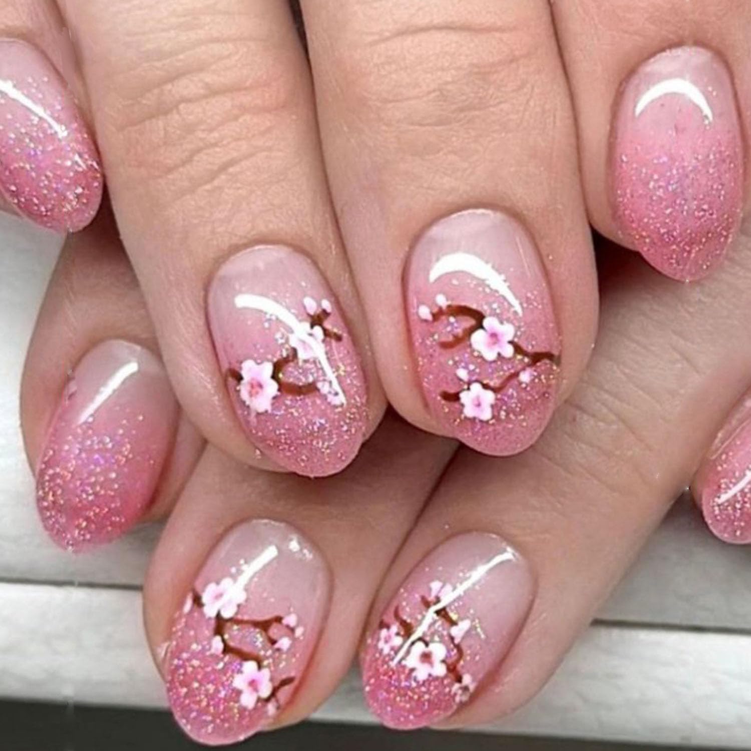 Pink Glitter Spring Cherry Blossom Press-On Nails Fake Artificial Nails 24 Pcs-Free Shipping