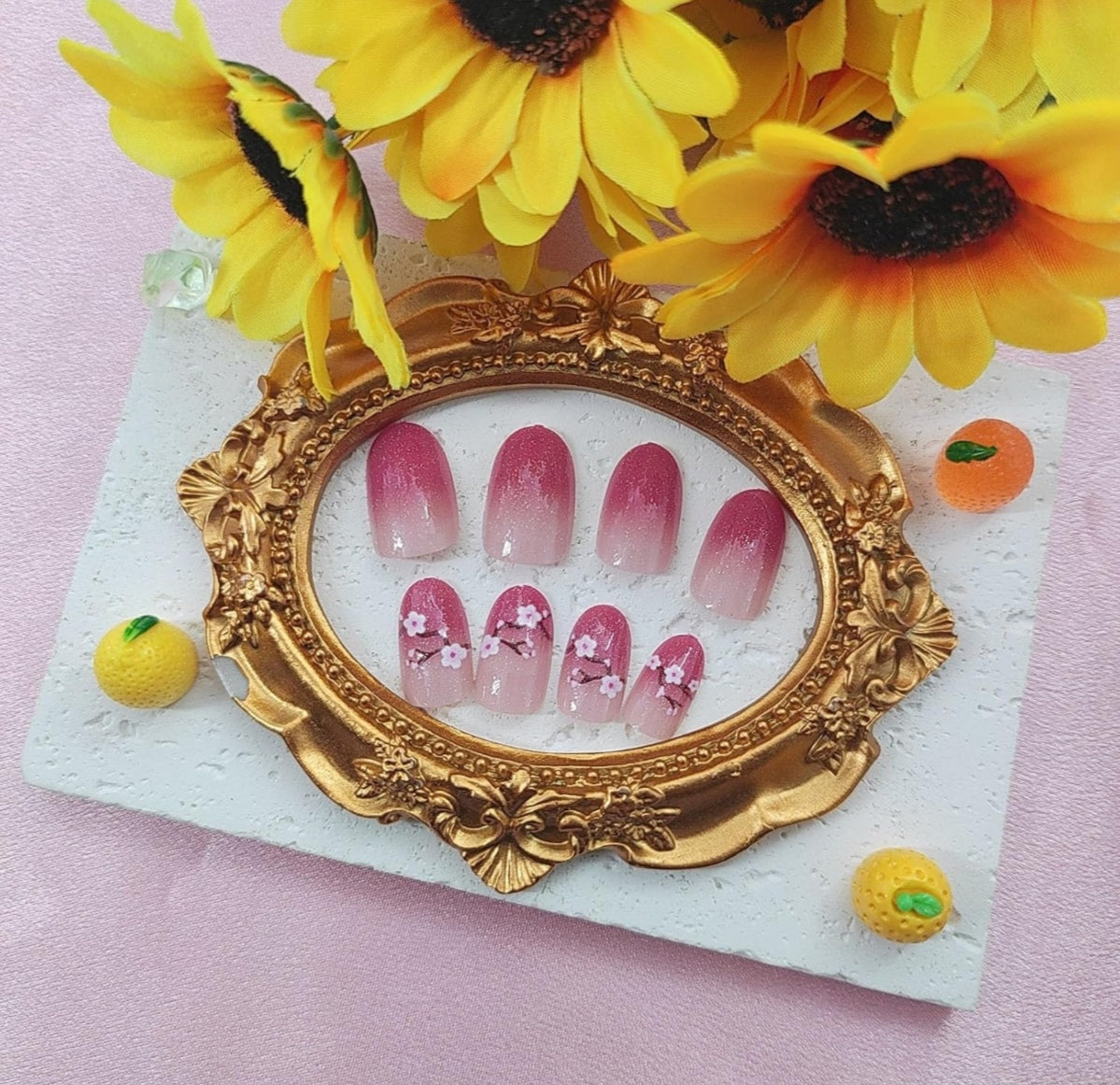 Pink Glitter Spring Cherry Blossom Press-On Nails Fake Artificial Nails 24 Pcs-Free Shipping