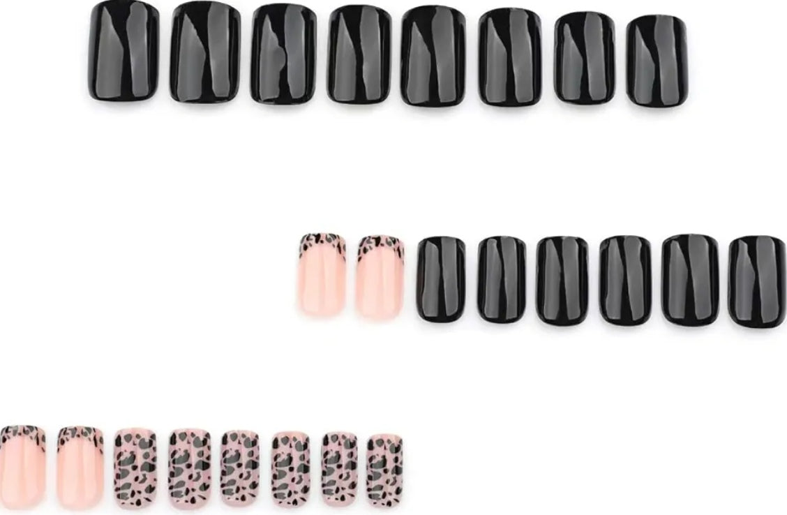 Black French Tip Leopard Print Press-On Nails Fake Artificial Nails 24 Pcs – Free Shipping