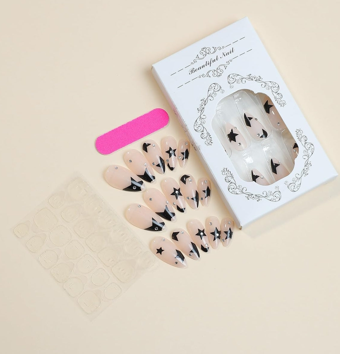 Black Star Rhinestone Almond Press On Acrylic Fake Nails - Free Shipping