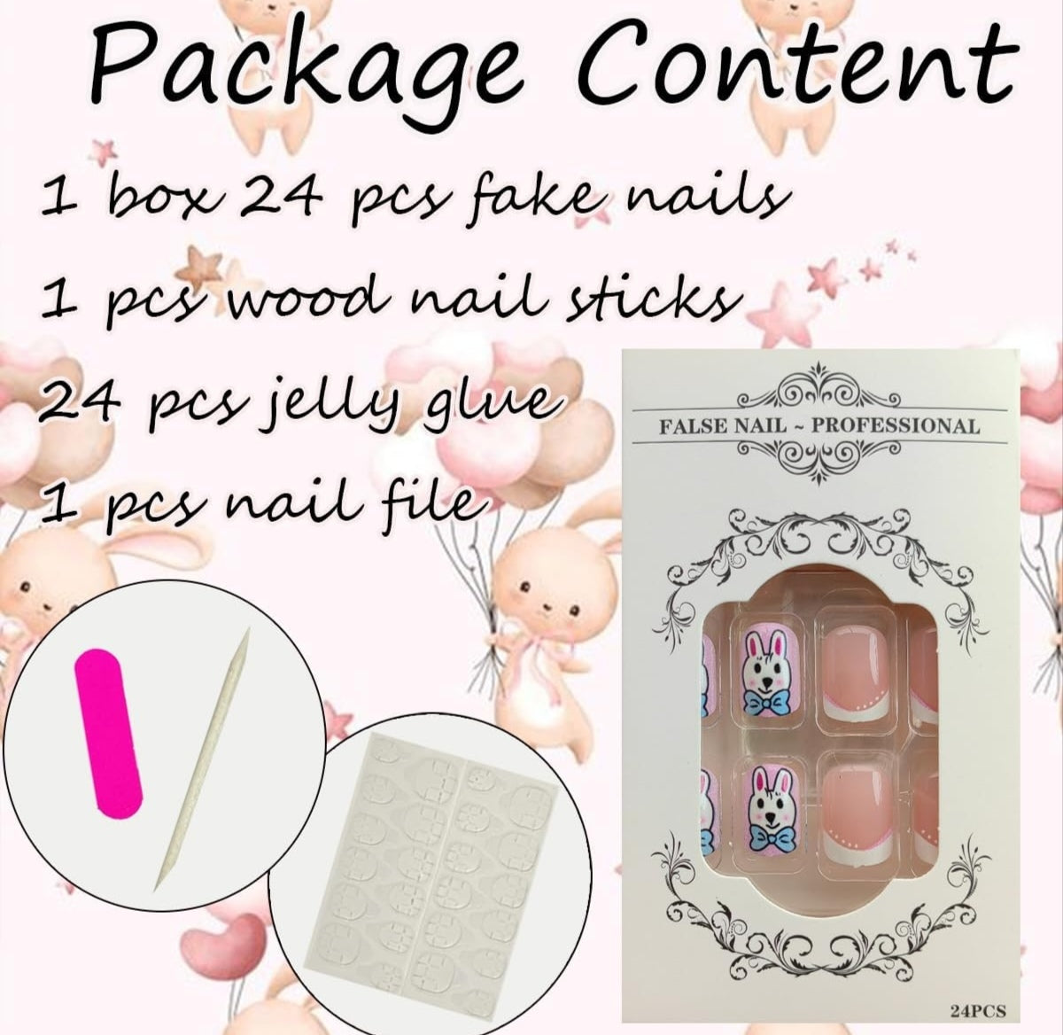 Cute Spring Bunny Floral French Press-On Nails Fake Artificial Nails 24 Pcs – Free Shipping