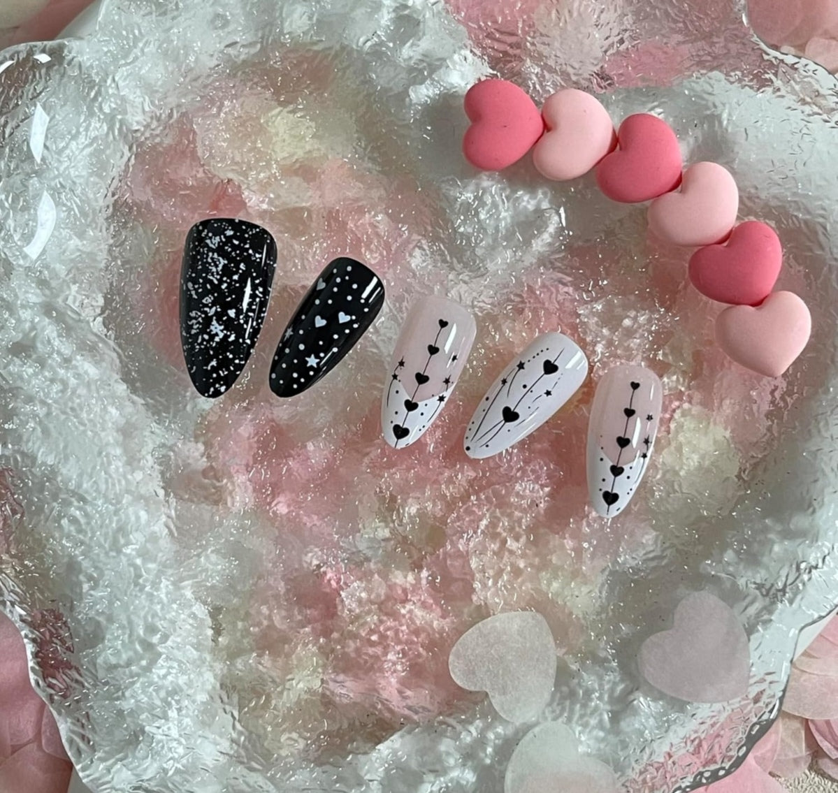 Chic Black White Heart Star Valentine's Press-On Nails Acrylic False Nails-Free Shipping