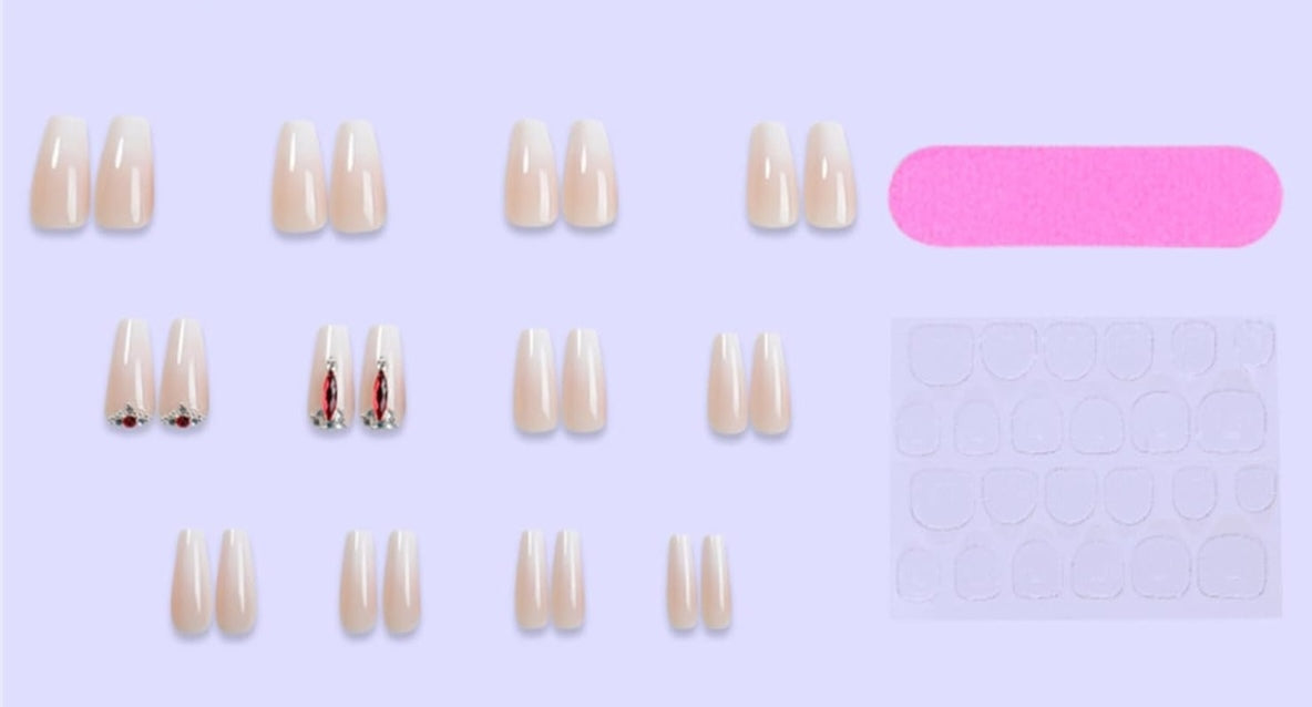 Elegant White 3D Red Rhinestone Ombre Press-On Nails Fake Nails 24 Pcs – Free Shipping