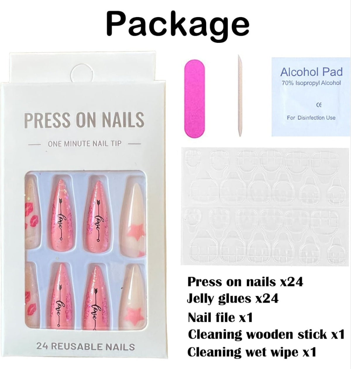 Love Pink White Glitter Lip Kisses Valentine's Press-On Nails Acrylic Fake Nails-Free Shipping