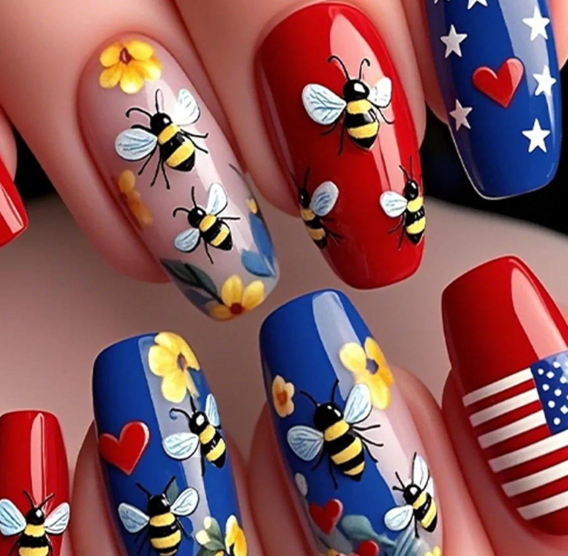 Fun Floral Bee Heart Patriotic Design Press-On Nails Fake Artificial Nails 24 Pcs - Free Shipping