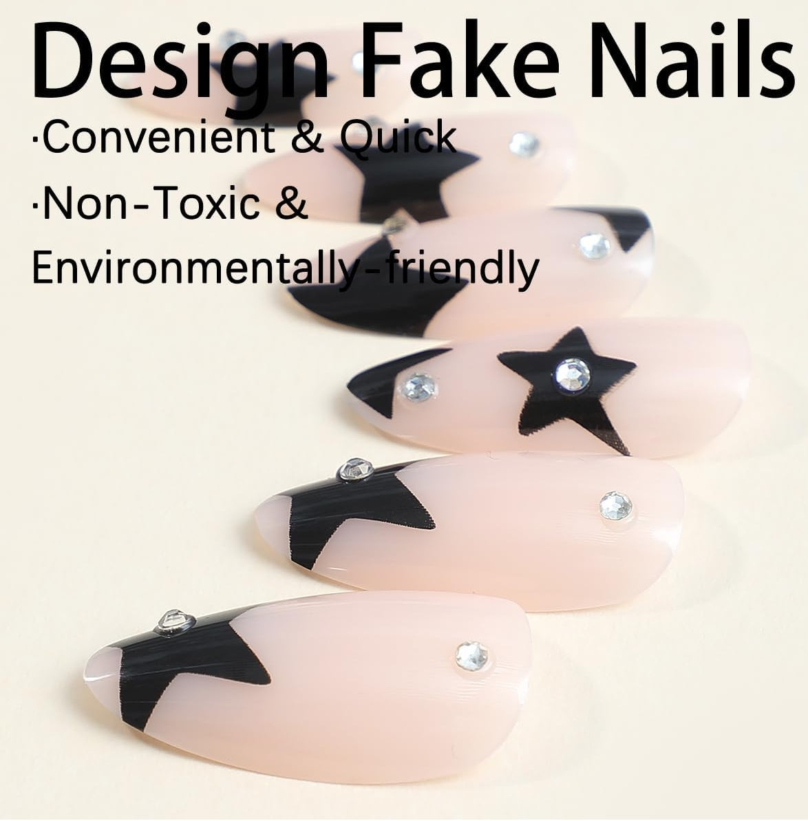 Black Star Rhinestone Almond Press On Acrylic Fake Nails - Free Shipping