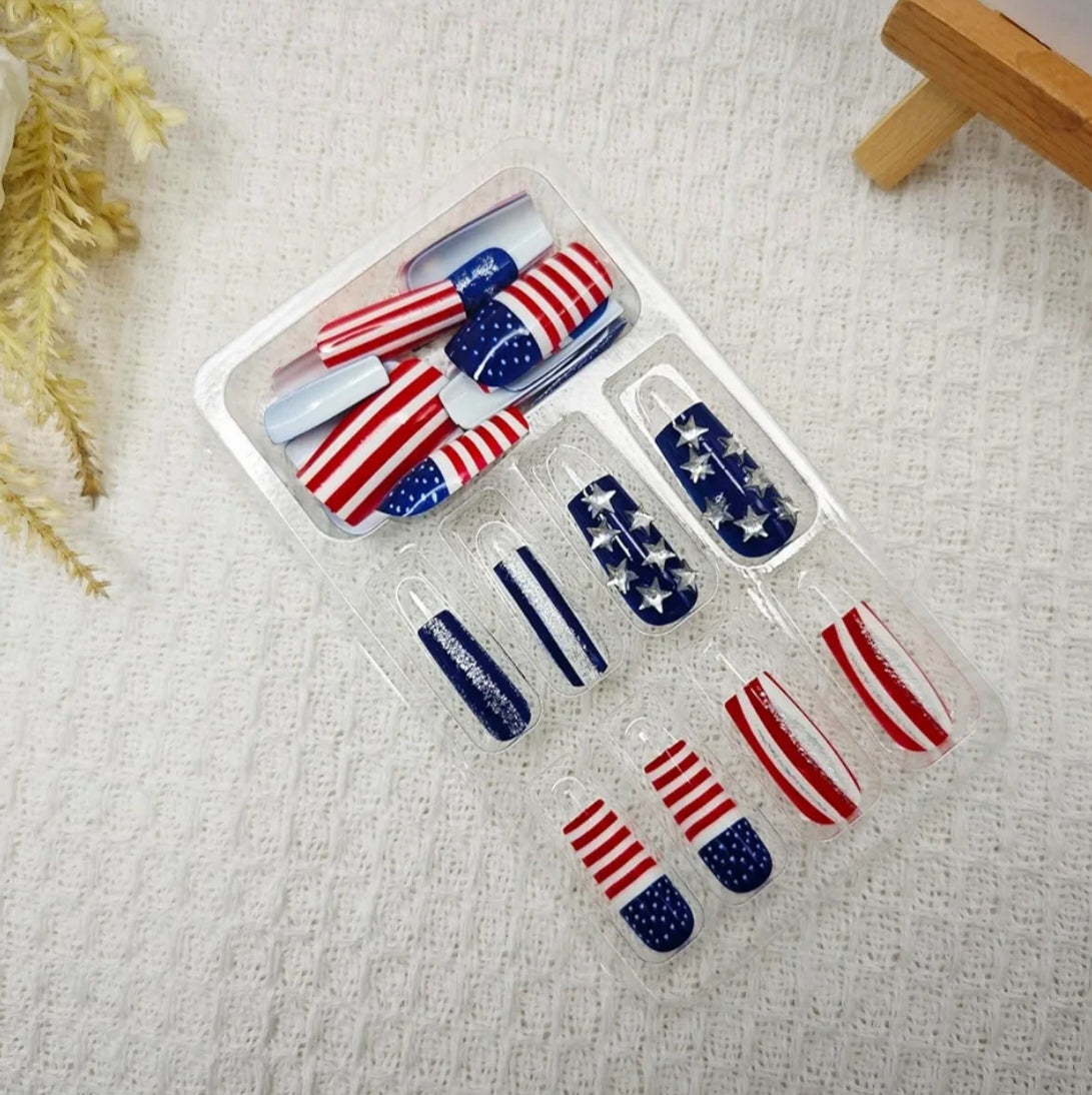 Stylish Patriotic Rhinestone Stars and Stripes Press-On Nails Fake Artificial Nails 24 Pcs – Free Shipping