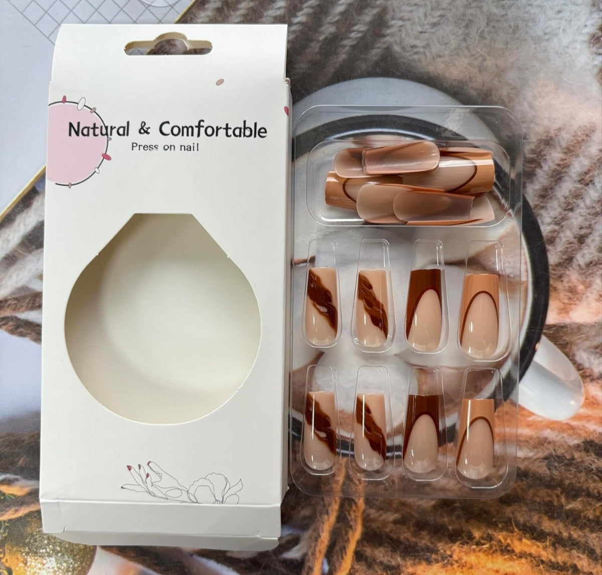 Trendy Brown Marble French Tip Press-On Nails Artificial Nails 24 Pcs - Free Shipping