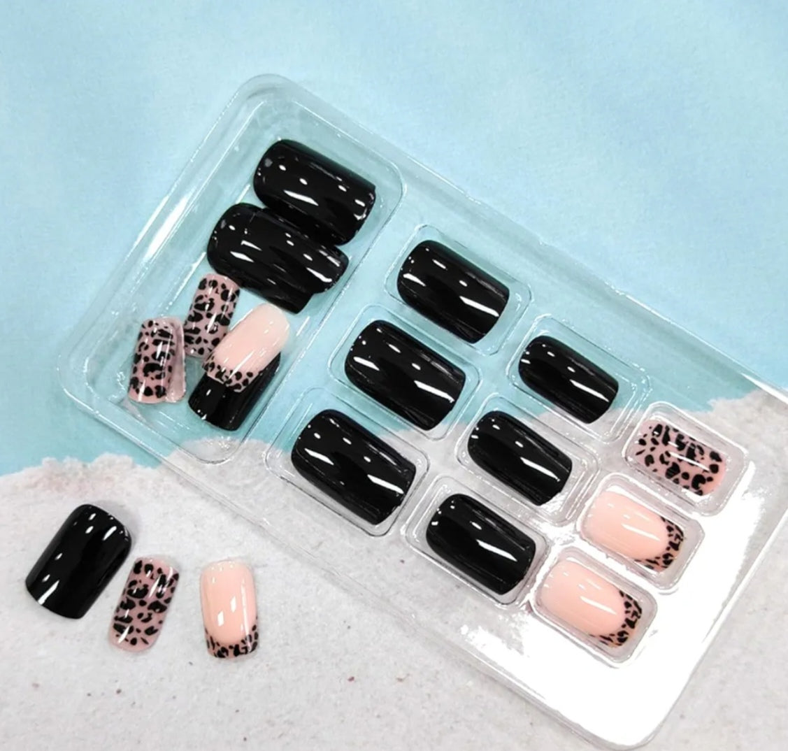 Black French Tip Leopard Print Press-On Nails Fake Artificial Nails 24 Pcs – Free Shipping
