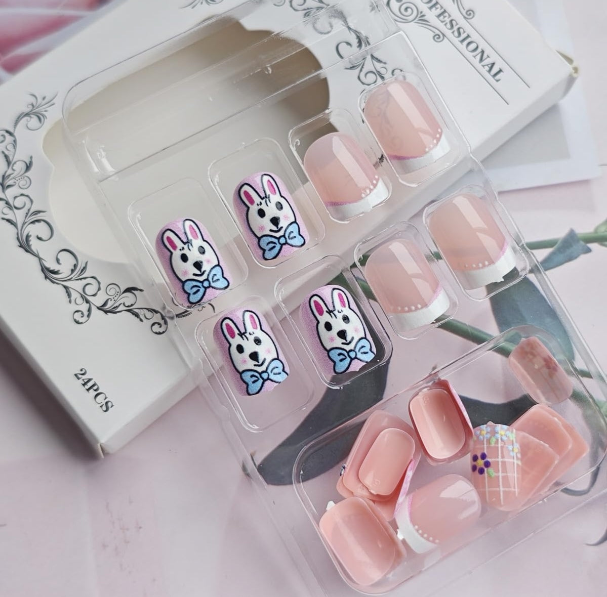 Cute Spring Bunny Floral French Press-On Nails Fake Artificial Nails 24 Pcs – Free Shipping