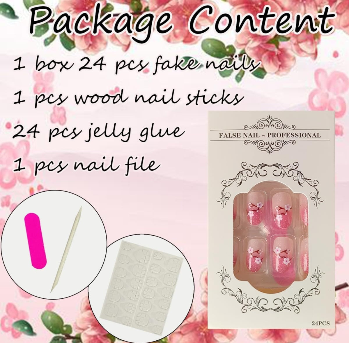 Pink Glitter Spring Cherry Blossom Press-On Nails Fake Artificial Nails 24 Pcs-Free Shipping