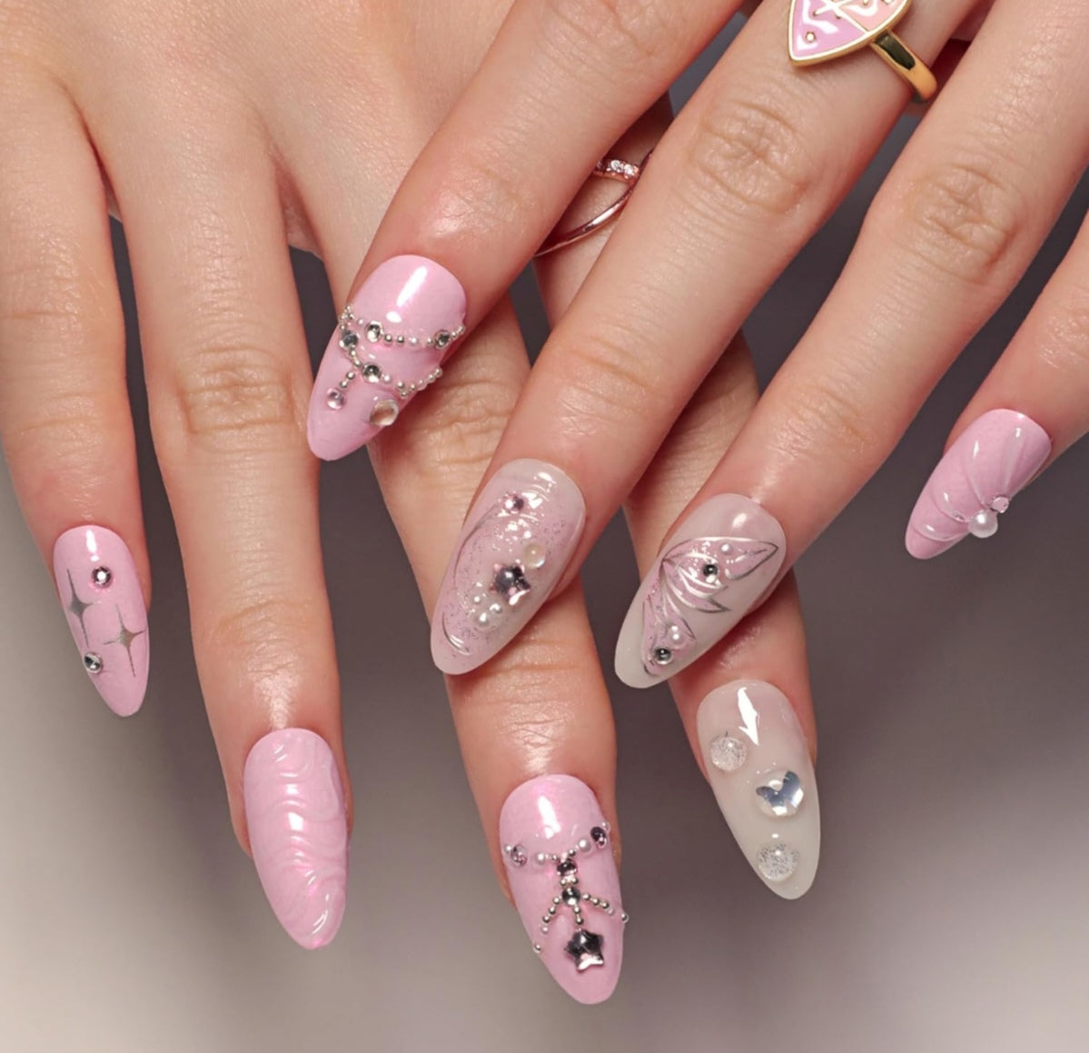 Glam Pink 3D Metallic Rhinestone Press-On Nails Fake Nails 24 Pcs – Free Shipping