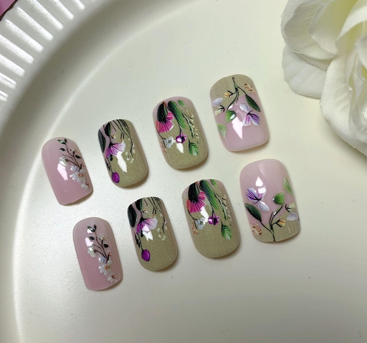 Stunning Hand-Painted Spring 3D Floral Press-On Nails Fake Artificial Nails 24 Pcs – Free Shipping