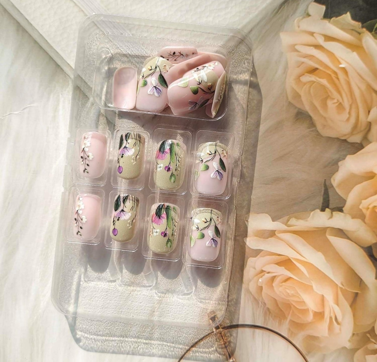Stunning Hand-Painted Spring 3D Floral Press-On Nails Fake Artificial Nails 24 Pcs – Free Shipping