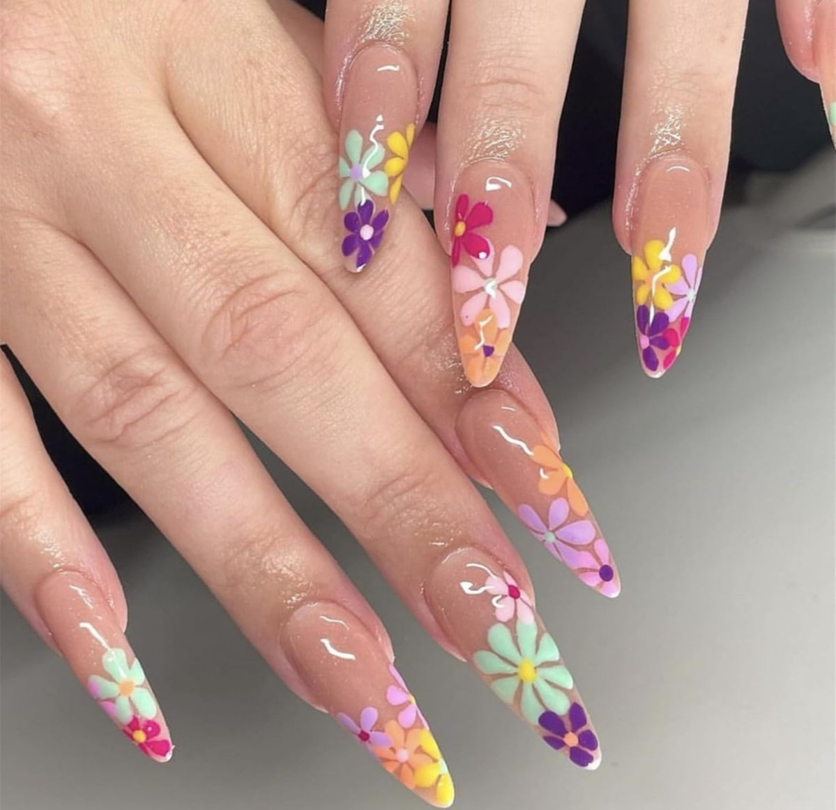 Colorful Floral Blooms Long Stiletto Press-On Nails Acrylic False Nails-Free Shipping