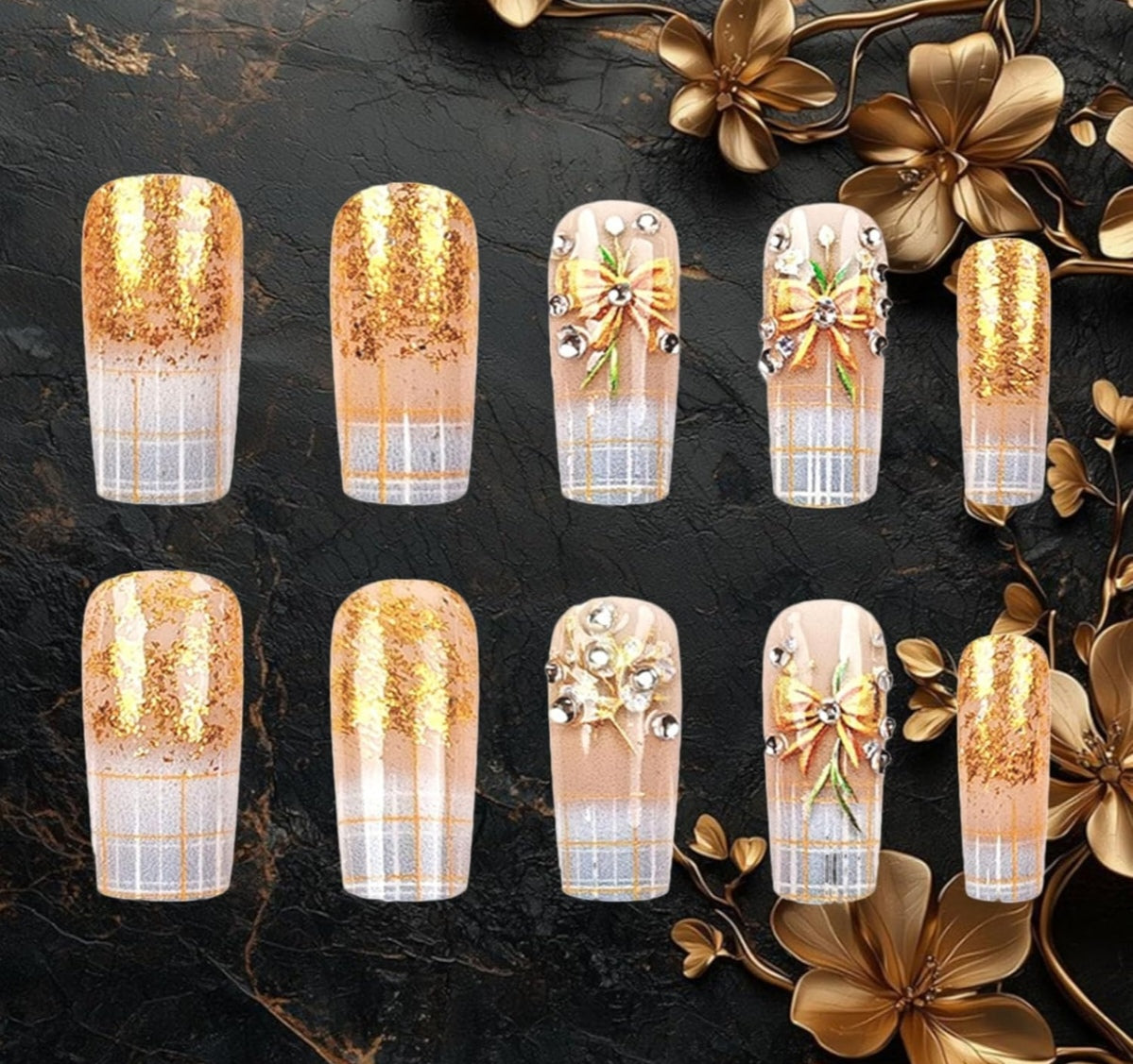 Gold Glitter Bow French Stripe Press-On Nails Fake Nails 24 Pcs – Free Shipping