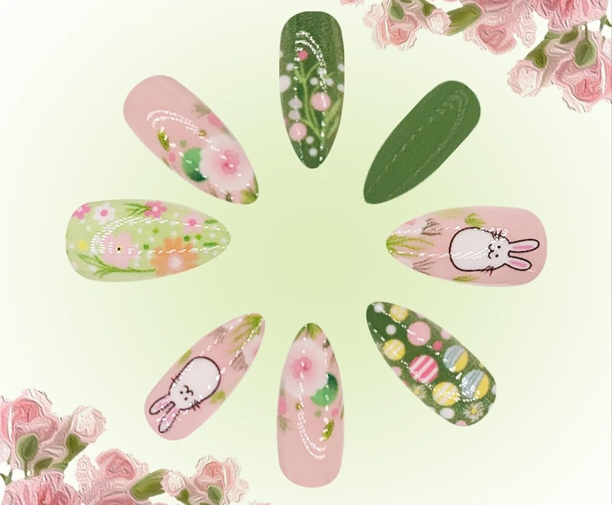 Cute Bunny Spring 3D Egg Art Floral Press-On Nails Fake Artificial Nails 24 Pcs-Free Shipping