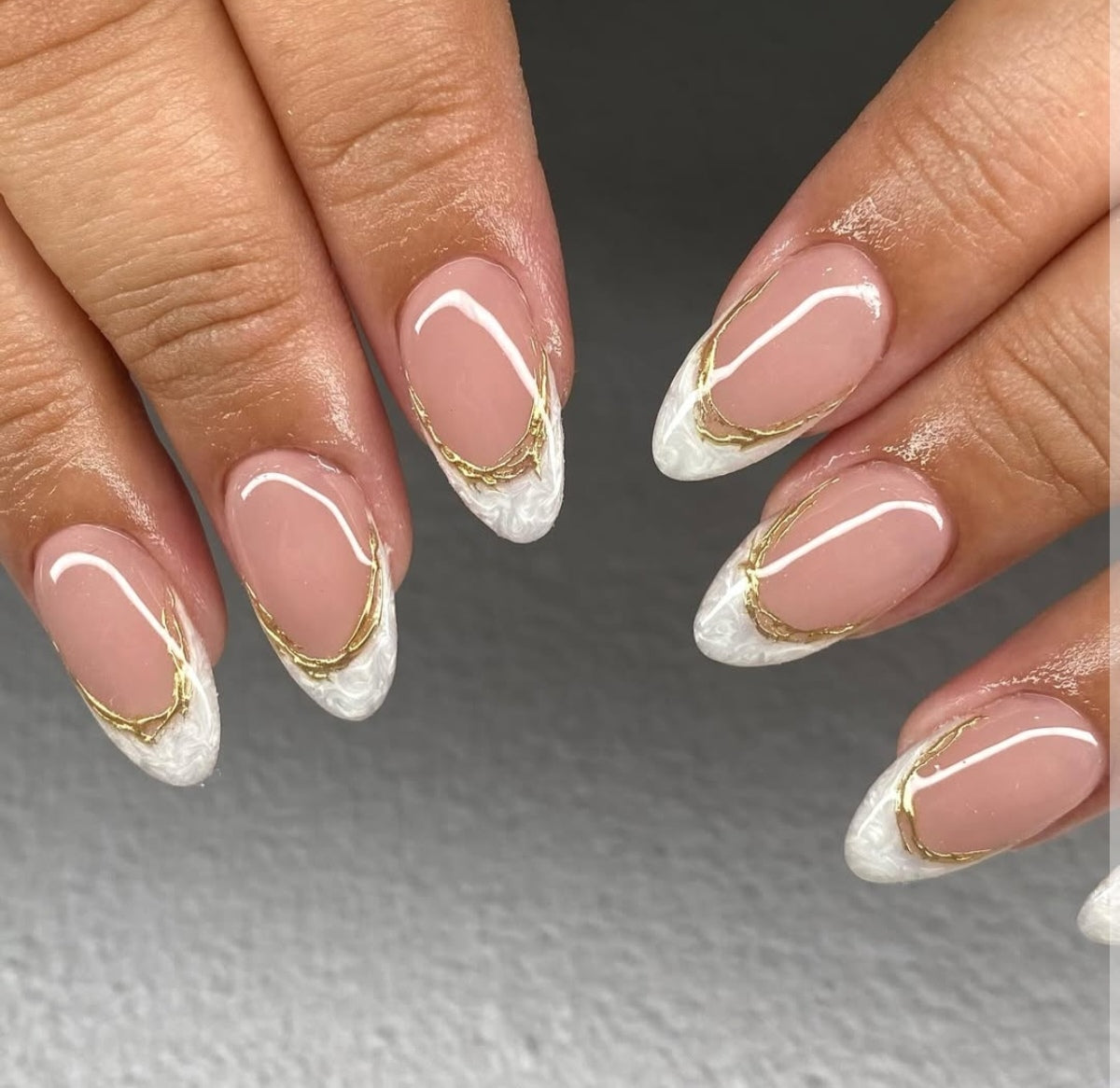 Elegant White French Marble Gold Accent Almond Press-On Nails False Nails 24 Pcs – Free Shipping