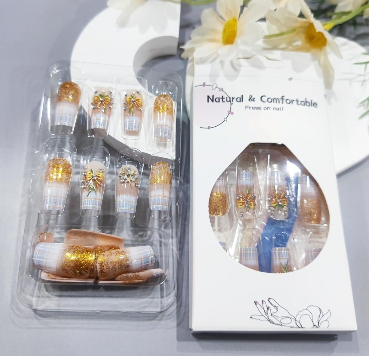 Gold Glitter Bow French Stripe Press-On Nails Fake Nails 24 Pcs – Free Shipping