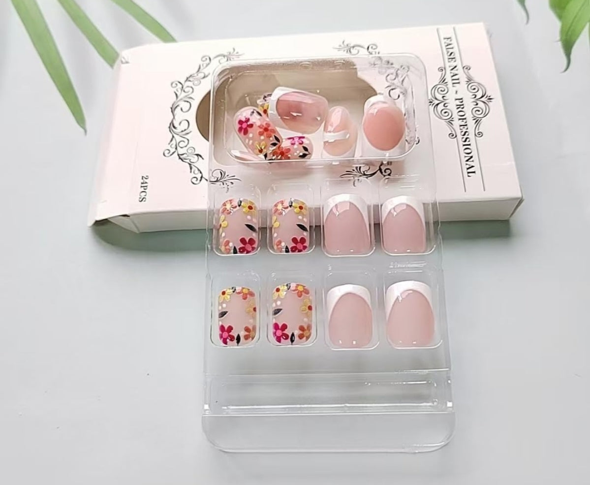 Stylish Spring Flower French Tip Press-On Nails Fake Artificial Nails 24 Pcs-Free Shipping