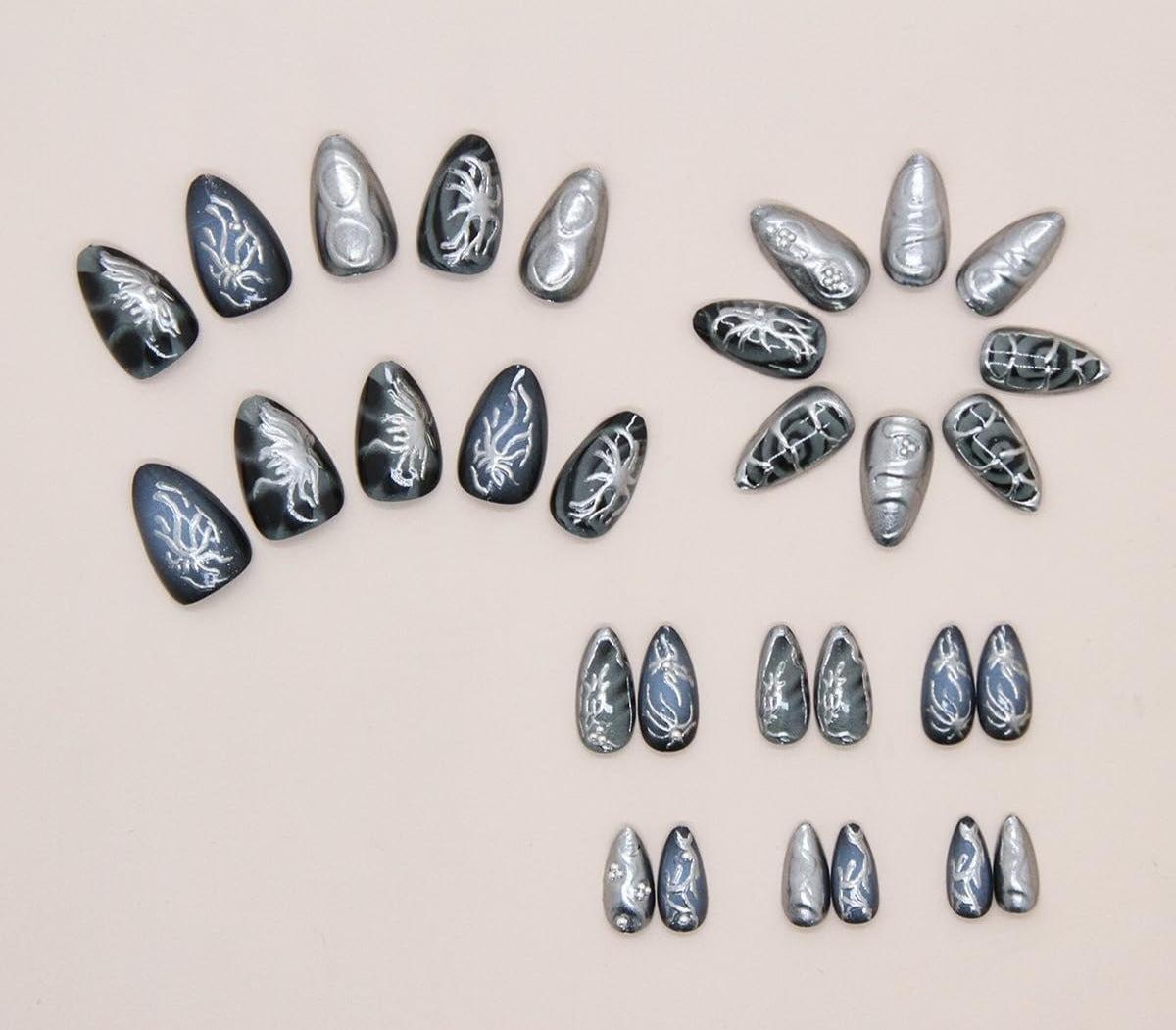 Gothic Black Silver Abstract Rhinestone Almond Press-On Nails Artificial Nails 30 Pcs - Free Shipping