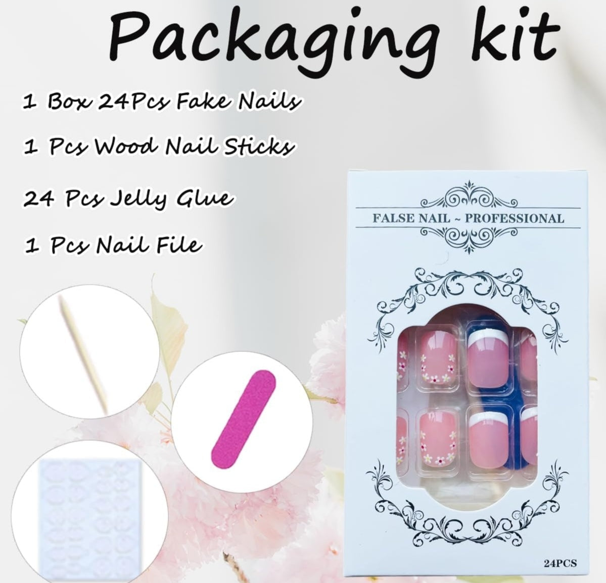 Chic Spring French Floral Short Press-On Nails Fake Artificial Nails 24 Pcs-Free Shipping