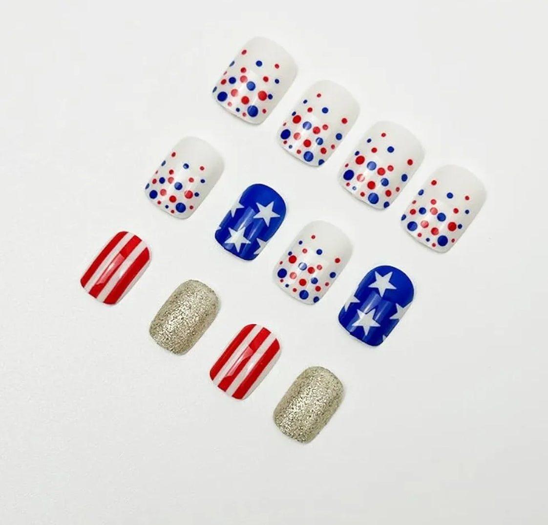 Chic Patriotic Stars Dots Glitter Press-On Nails Fake Artificial Nails 24 Pcs - Free Shipping