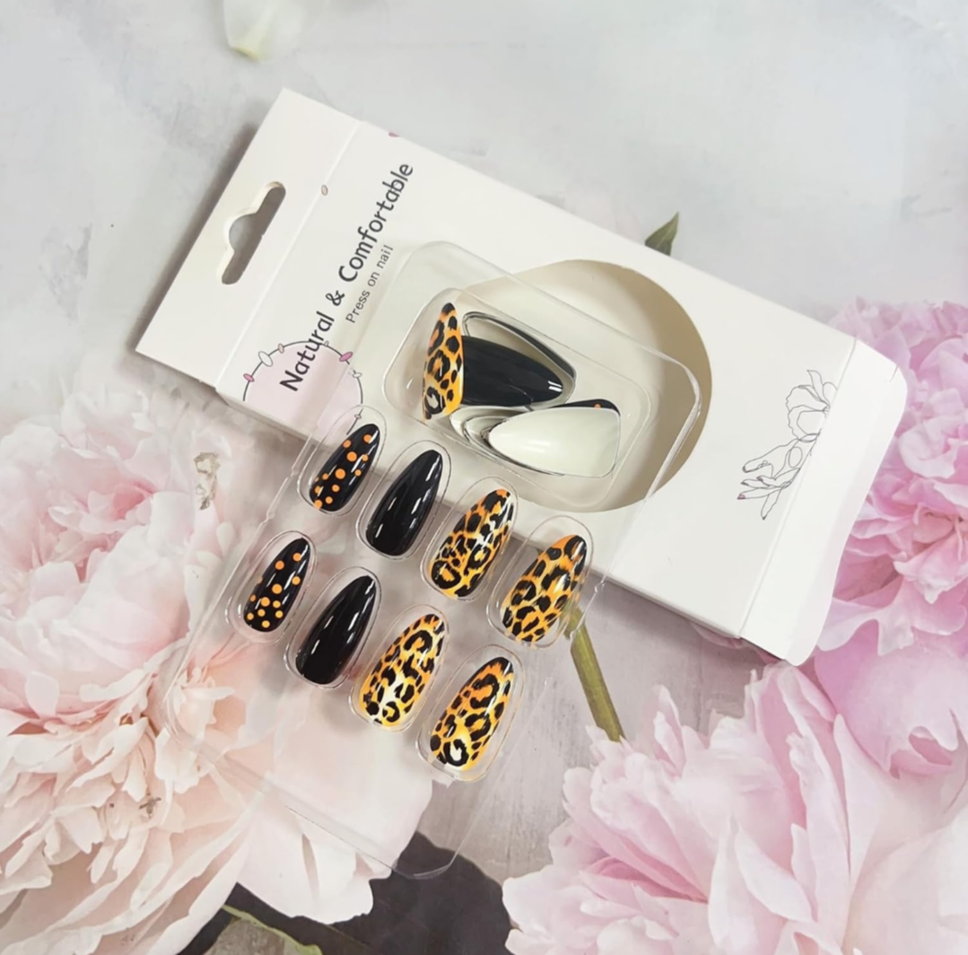 Black Leopard Print Almond Press-On Nails Fake Artificial Nails 24 Pcs-Free Shipping
