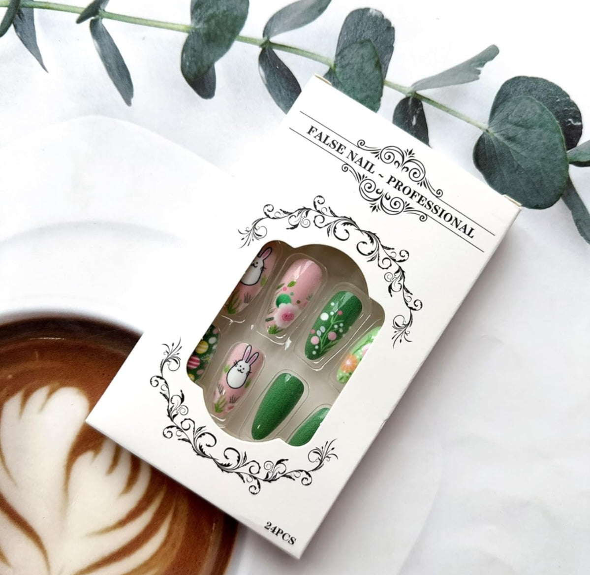 Cute Bunny Spring 3D Egg Art Floral Press-On Nails Fake Artificial Nails 24 Pcs-Free Shipping