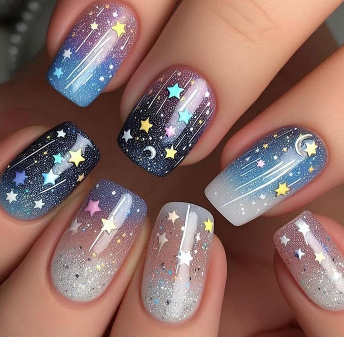 Glitter Star Moon Ombre Press-On Nails Fake Artificial Nails 24 Pcs – Free Shipping