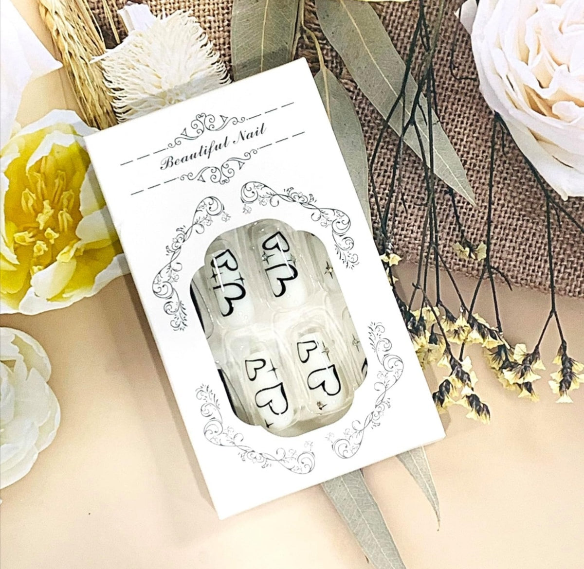 Chic Black White Heart Rhinestone Coffin Press-On Nails Acrylic False Nails-Free Shipping