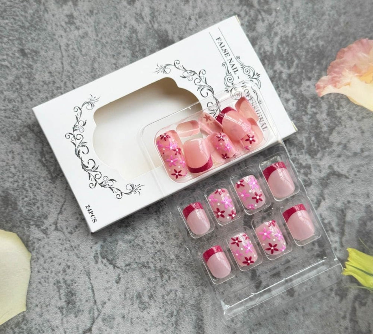 Chic Spring Floral French Tip Press-On Nails Fake Artificial Nails 24 Pcs – Free Shipping
