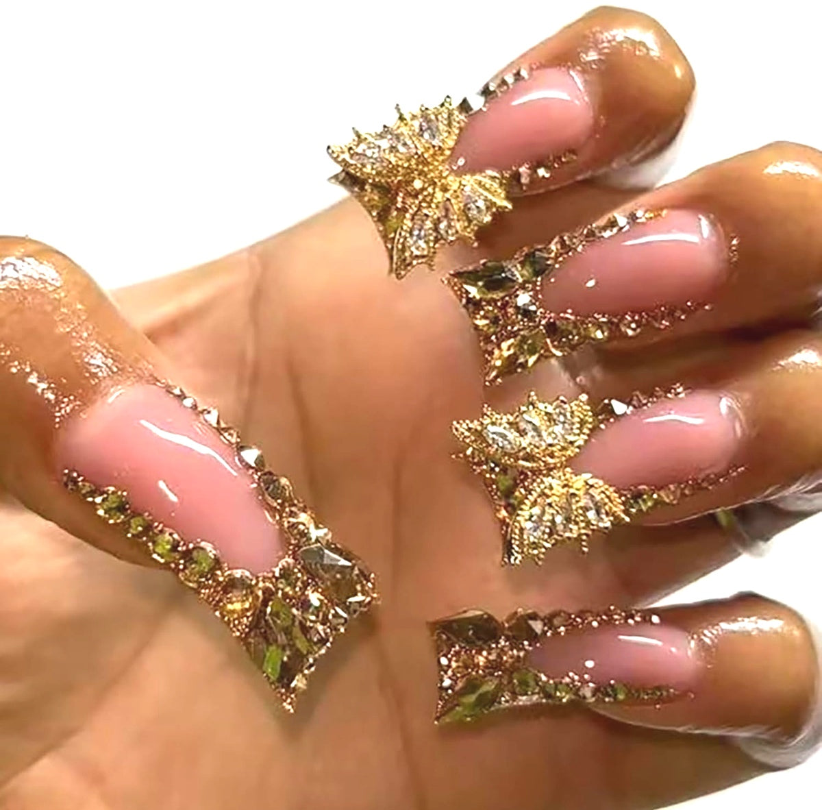 Gold Glitter 3D Butterfly Duck Nails French Tip Press-On Glue Nails-Free Shipping