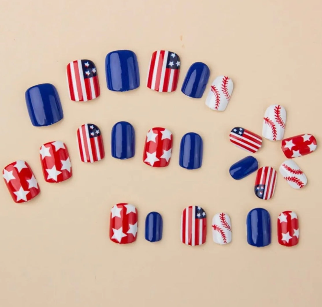Stylish Patriotic Baseball American Flag Press-On Nails Fake Artificial Nails 24 Pcs-Free Shipping