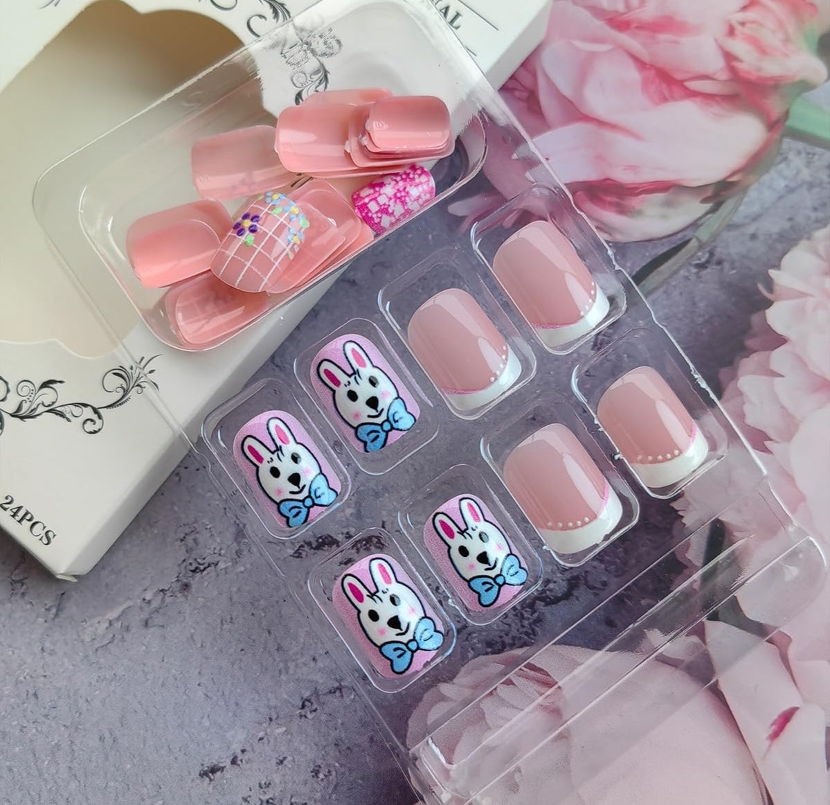 Cute Spring Bunny Floral French Press-On Nails Fake Artificial Nails 24 Pcs – Free Shipping