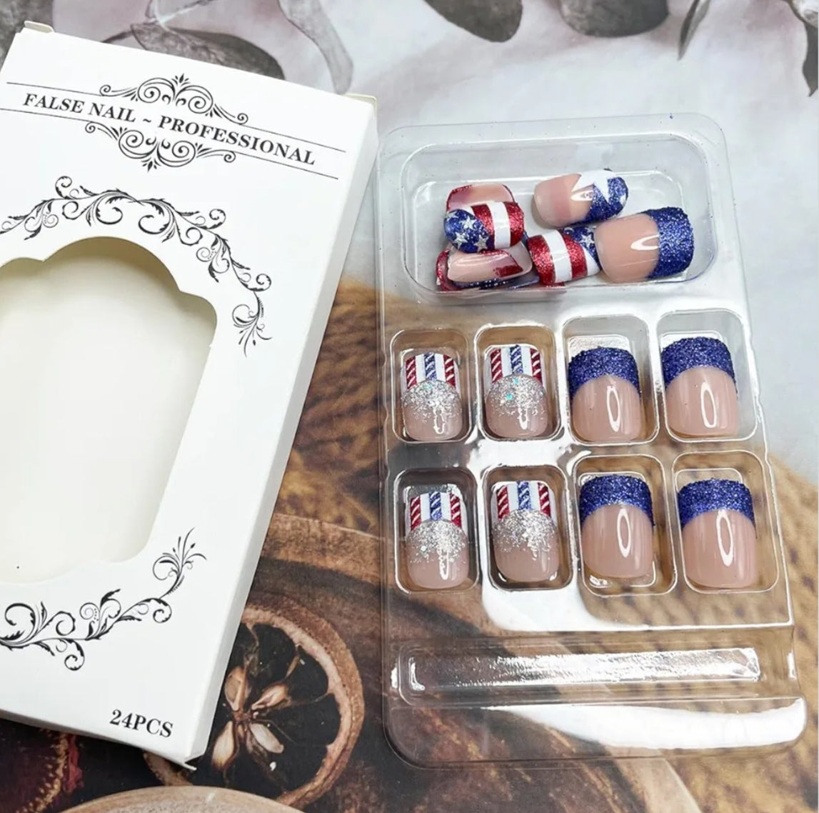 Chic Glitter Stripes Patriotic French Tip Press-On Nails Fake Artificial Nails 24 Pcs - Free Shipping