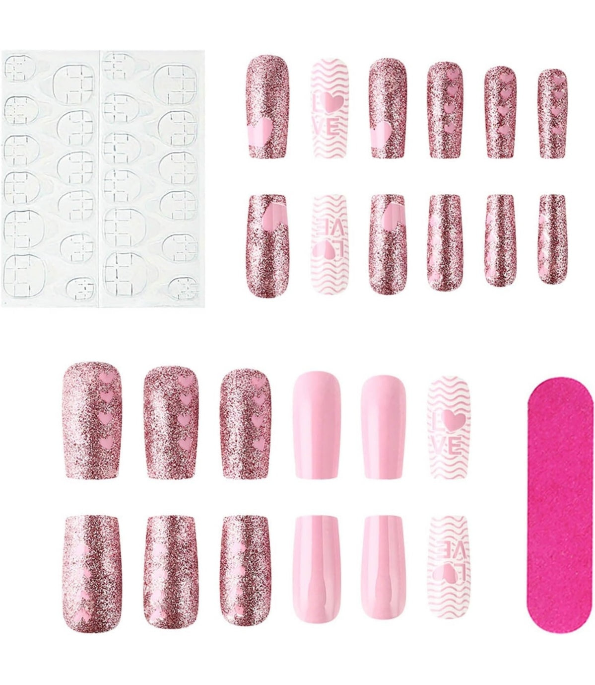 Stunning Pink Heart LOVE Glitter Valentine's Press-On Nails Acrylic Fake Nails-Free Shipping
