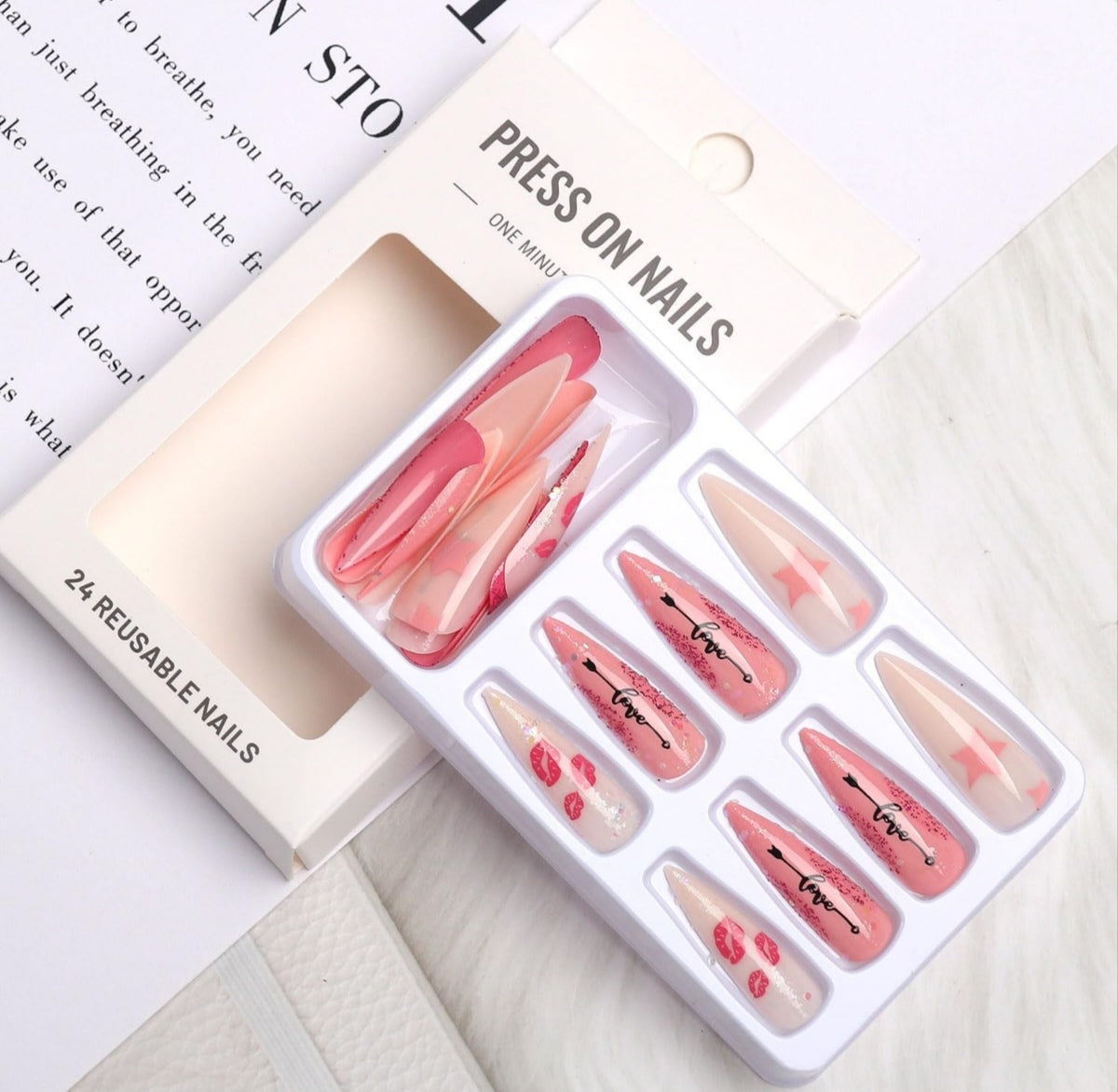 Love Pink White Glitter Lip Kisses Valentine's Press-On Nails Acrylic Fake Nails-Free Shipping