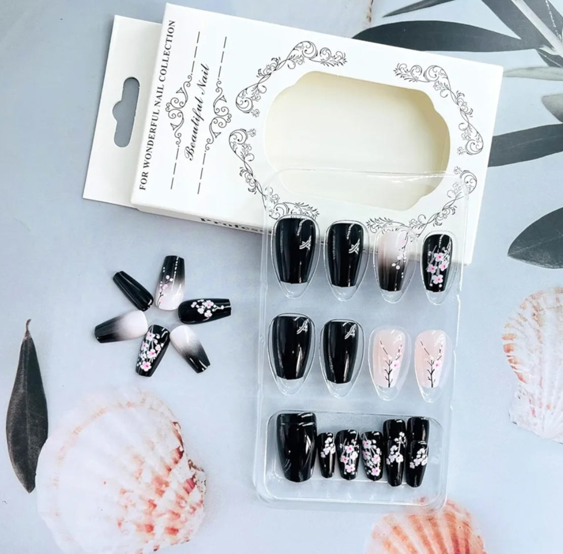 Chic Cherry Blossom Black Ombre Press-On Nails Fake Artificial Nails 24 Pcs-Free Shipping