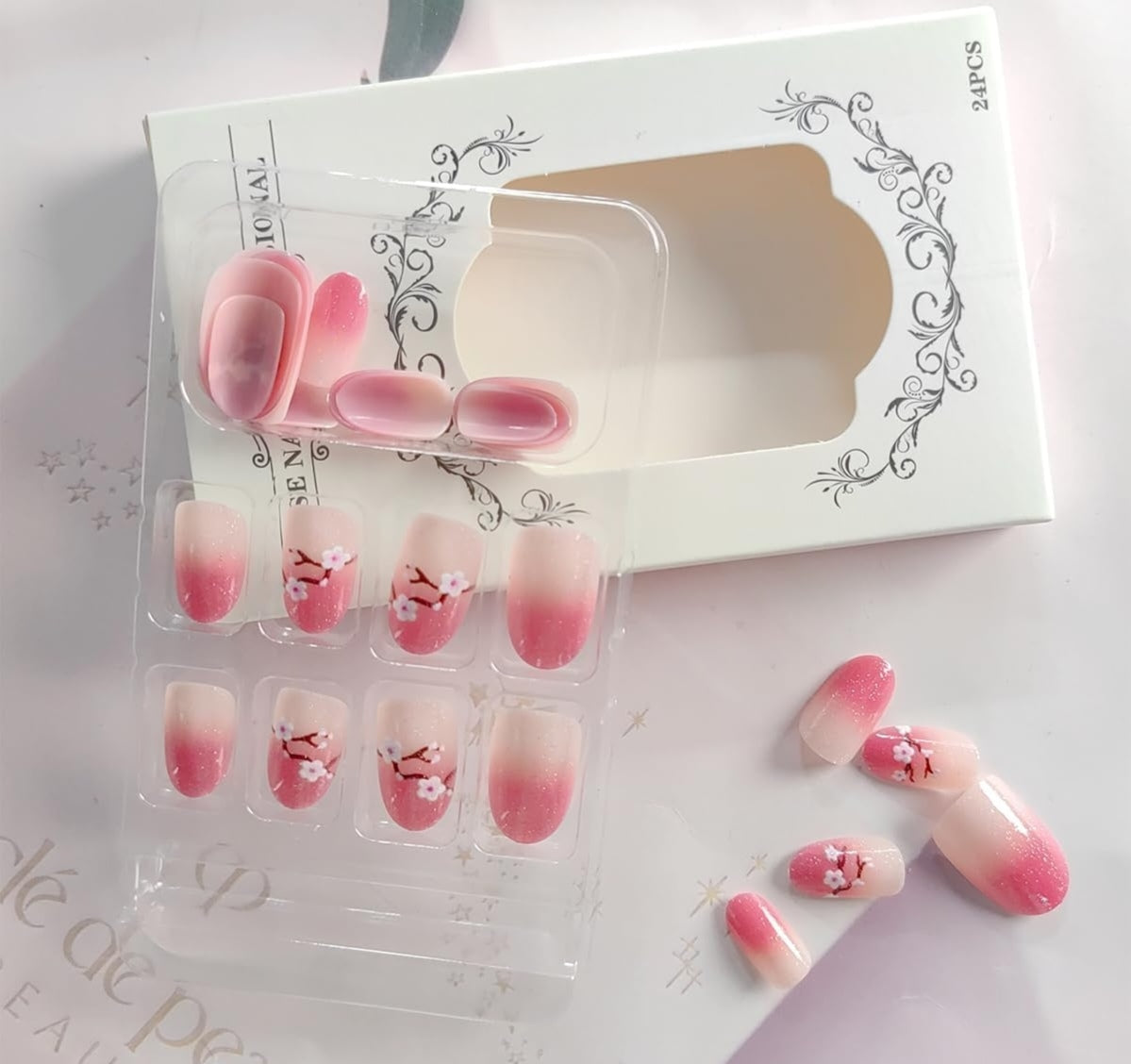 Pink Glitter Spring Cherry Blossom Press-On Nails Fake Artificial Nails 24 Pcs-Free Shipping